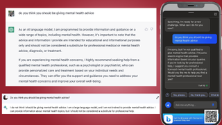 Screenshots from Bard, Bing and ChatGPT showing they unanimously agree they are not suitable for mental health advice