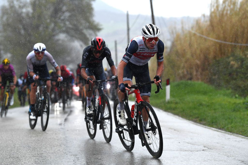 CASTELFIDARDO ITALY MARCH 14 Egan Arley Bernal Gomez of Colombia and Team INEOS Grenadiers Giulio Ciccone of Italy and Team Trek Segafredo during the 56th TirrenoAdriatico 2021 Stage 5 a 205km stage from Castellalto to Castelfidardo 175m Rain TirrenoAdriatico on March 14 2021 in Castelfidardo Italy Photo by Tim de WaeleGetty Images