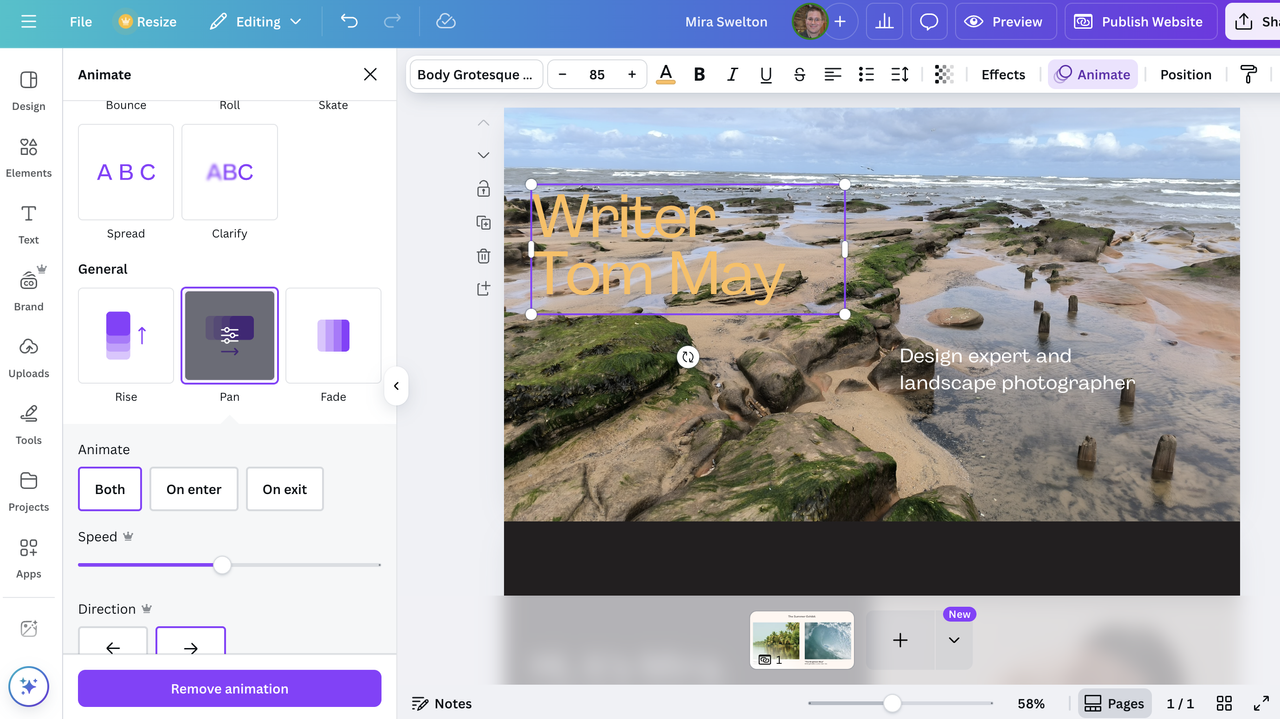 Editing text in Canva Websites