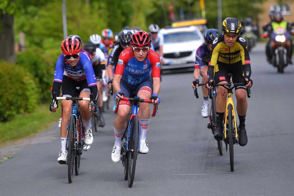 SCHMOLLN GERMANY MAY 25 Audrey CordonRagot of France and Trek Segafredo Kathrin Hammes of Germany and Ceratizit WNT Pro Cycling Team Romy Kasper of Germany and Jumbo Visma Team in the Breakaway during the 34th Internationale LOTTO Thringen Ladies Tour 2021 Stage 1 a 899km stage from Schmolln to Schmolln ltlt2021 lottothueringenladiestour womencycling on May 25 2021 in Schmolln Germany Photo by Luc ClaessenGetty Images