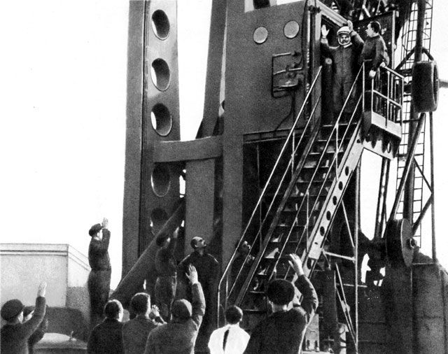 Soviet cosmonaut Yuri Gagarin prepares to board the Vostok 1 spacecraft on April 12, 1961 to make history's first human spaceflight.