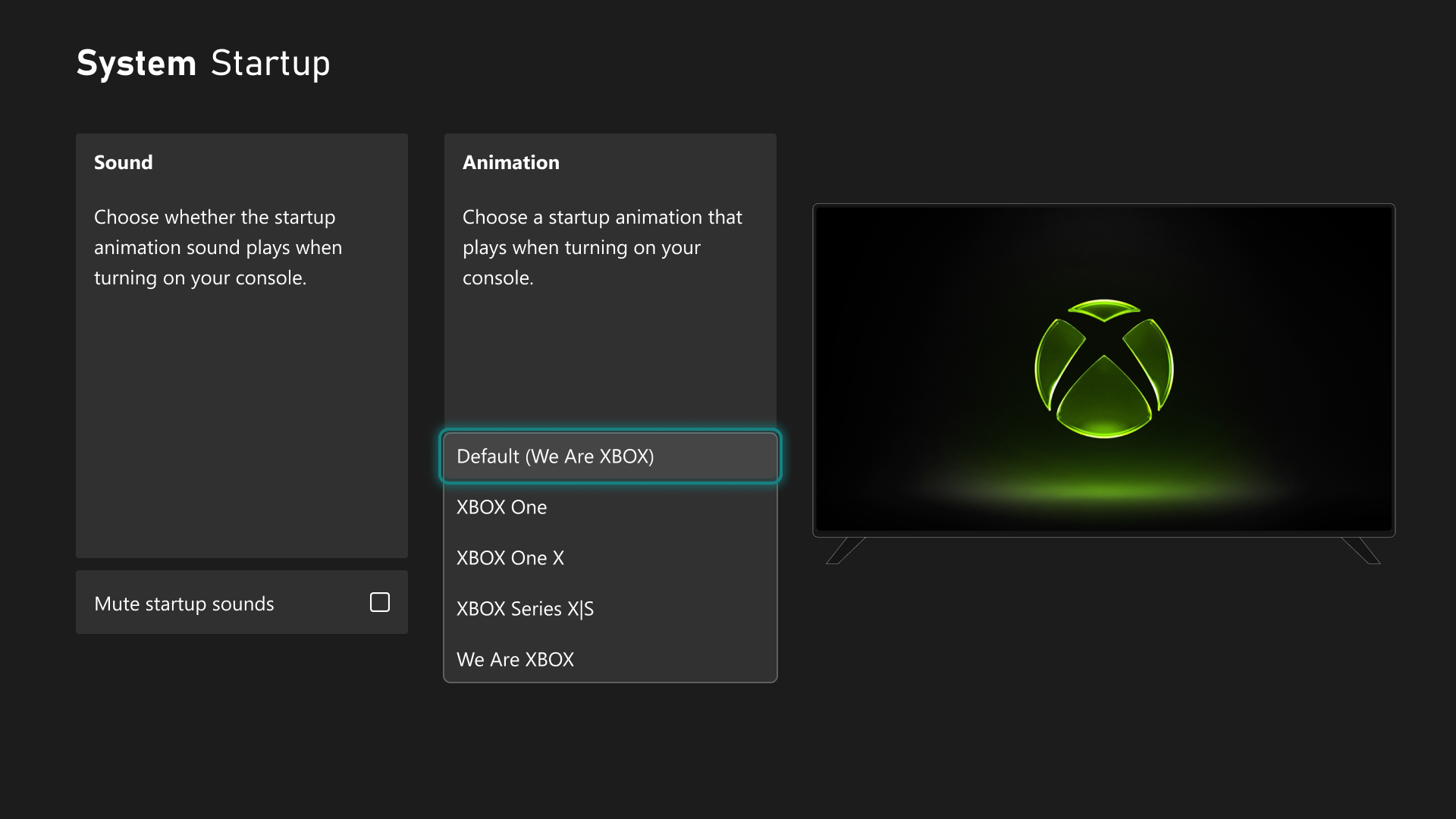 Xbox System Startup menu displaying startup animation choices like Xbox One and Series X|S alongside a TV preview screen.