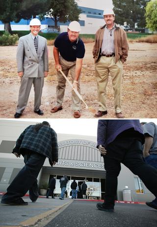 (top image) Kirt Hamm (center), CRAS administrator, breaks ground at the Conservatory of Recording Arts & Sciences’ Gilbert, Ariz. campus; (bottom image) Students file into CRAS’ Gilbert, Ariz. campus in 2018.