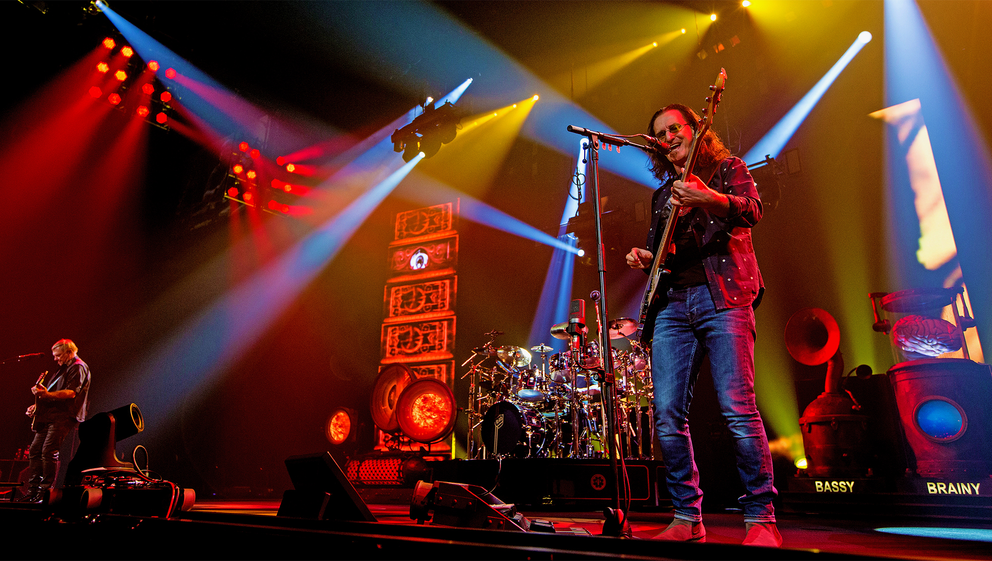 Alex Lifeson, Neil Peart and Geddy Lee of Rush performs on stage during the R40 LIVE Tour at KeyArena on July 19, 2015 in Seattle, Washington.