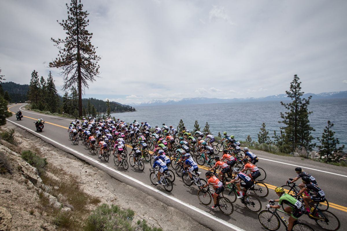 The peloton climbs back towards South Lake Tahoe