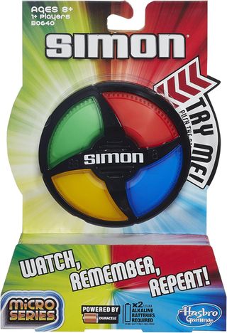 A Simon Micro Series handheld device with red, blue, green and yellow light-up buttons