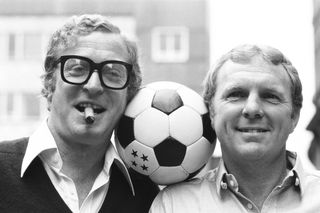 Actor Michael Caine and former England captain Bobby Moore promoting 1981 film Escape to Victory.