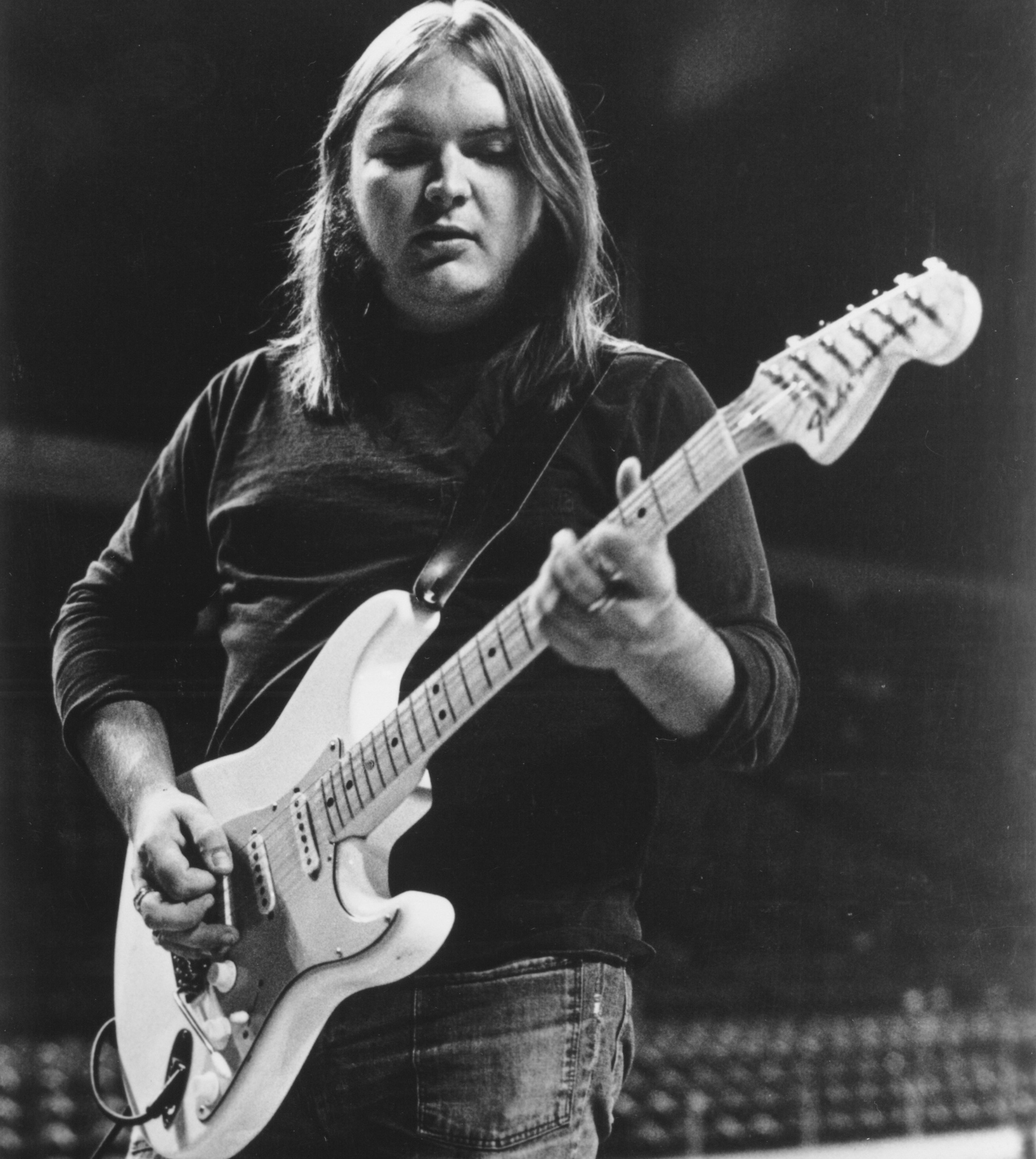 Ed King plays a Strat while sound-checking onstage with Lynyrd Skynyrd during the band's '70s heyday