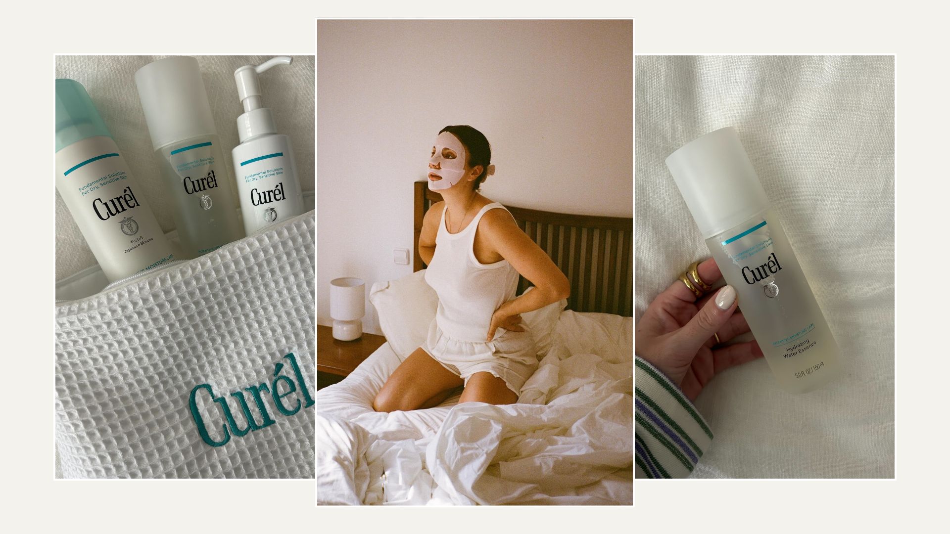 A woman in bed with a sheet mask on and pictures of Curel skincare products