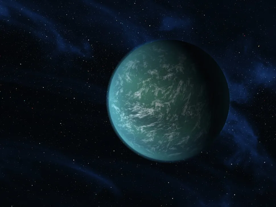 Representação artística de Kepler-22b, um possível mundo oceânico em orbita de uma estrela parecida com o Sol.