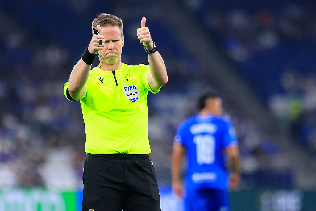 MONTERREY, MEXICO - MARCH 10: Drew Fischer, referee, reacts during the CONCACAF Champions Cup match between Rayados del Monterrey and Cruz Azul at BBVA Stadium at BBVA Bancomer Stadium on March 10, 2026 in Monterrey, Mexico. (Photo by Alfredo Lopez/Jam Media/Getty Images)