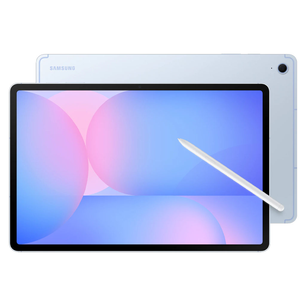 Samsung Galaxy Tab S10 FE Plus in blue with S pen on white background