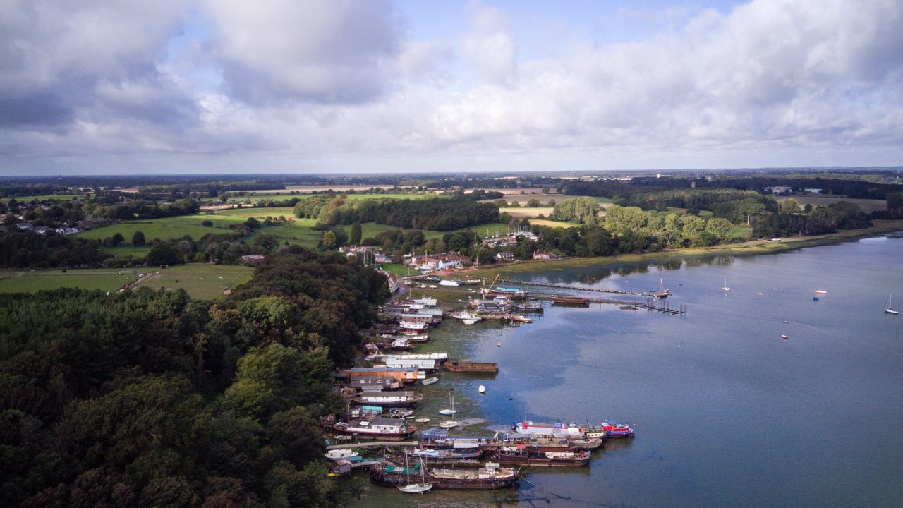 A green shoreline with boats along the shore in the forground and green trees and landscape.