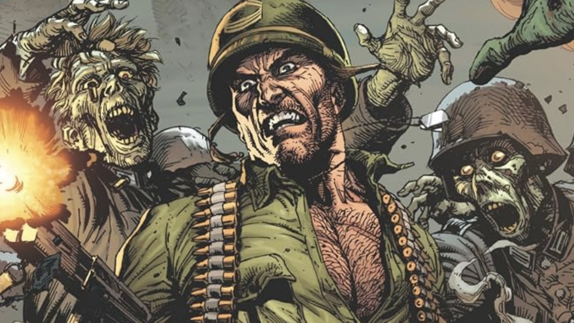 Sgt. Rock fighting off zombies on the cover of DC's Sgt. Rock vs. The Army of the Dead