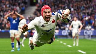  Gabin Villiere of France dives over to score a France try during the Guinness Six Nations rugby tournament.