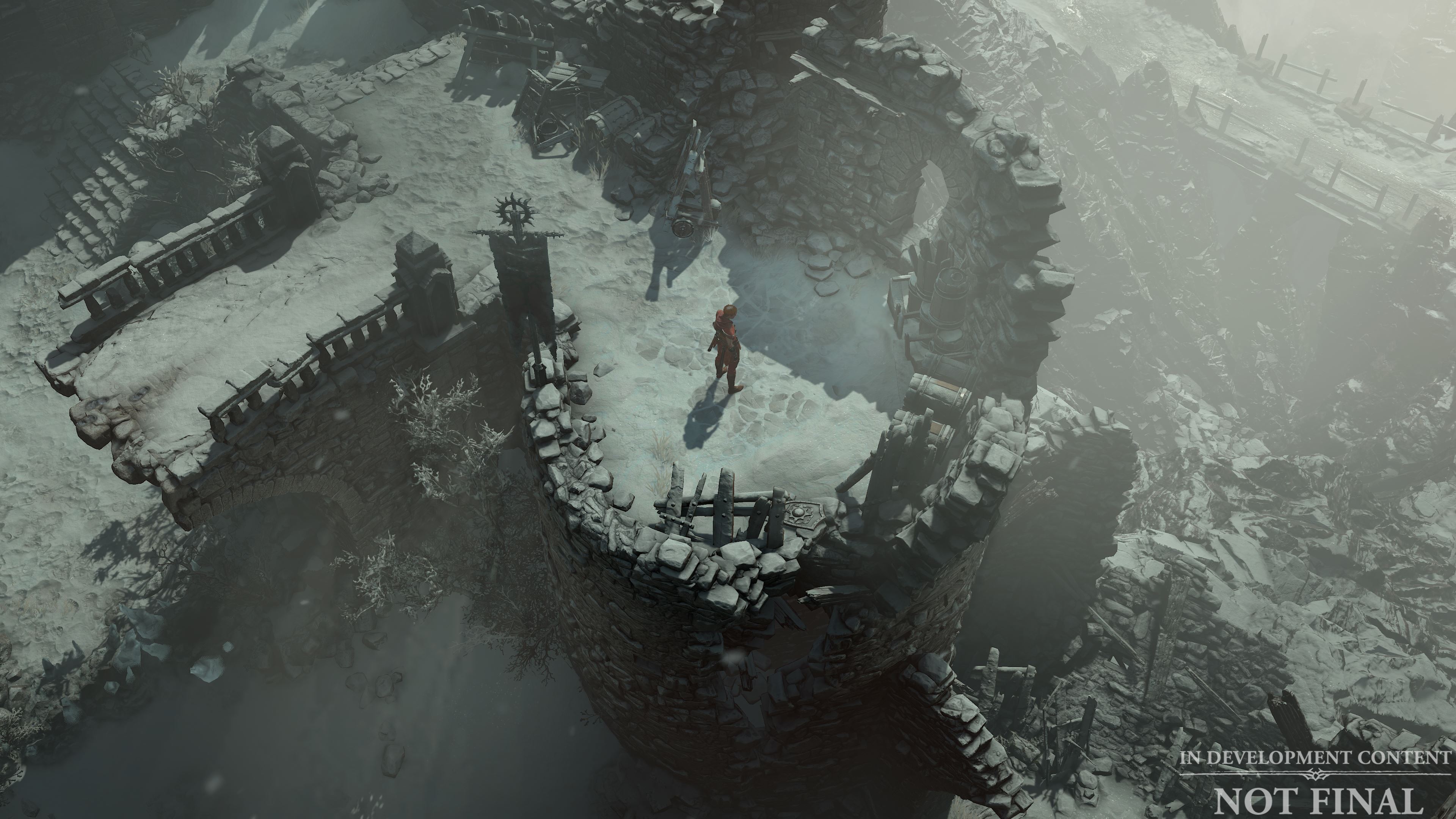 A hero standing in the snowy open world in Diablo 4.