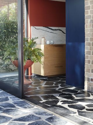 indoor outdoor flooring with blue flagstones