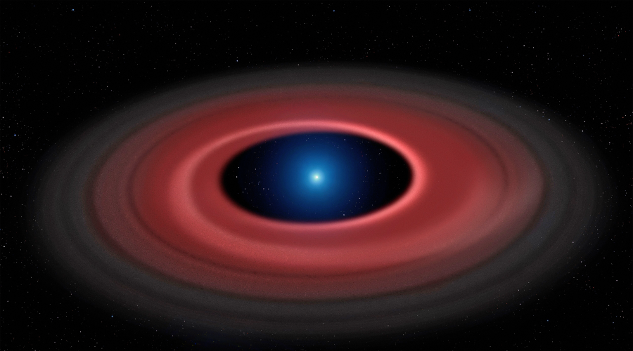 This illustration shows a ring of dust particles and debris orbiting the burnt-out stellar core called a white dwarf. 