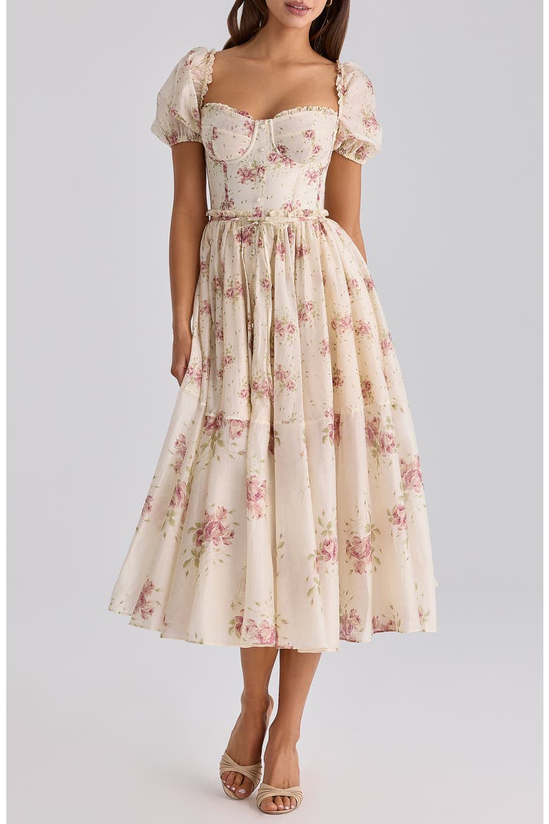Penelope Floral Puff Sleeve Corset Chiffon Midi Dress