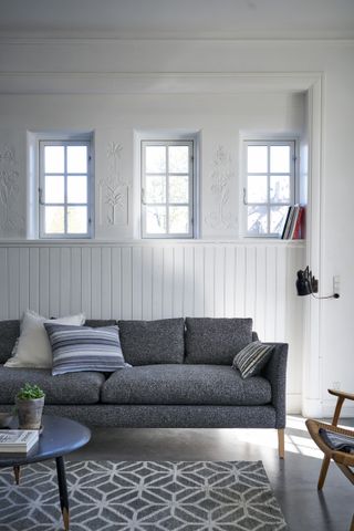 Grey living room with rug by Designers Guild and sofa by Sweet Pea and Willow