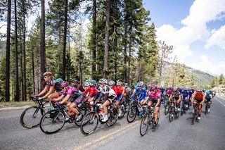 The peloton hits the first climb of the day during stage 2 of the Amgen Tour of California Women's Race