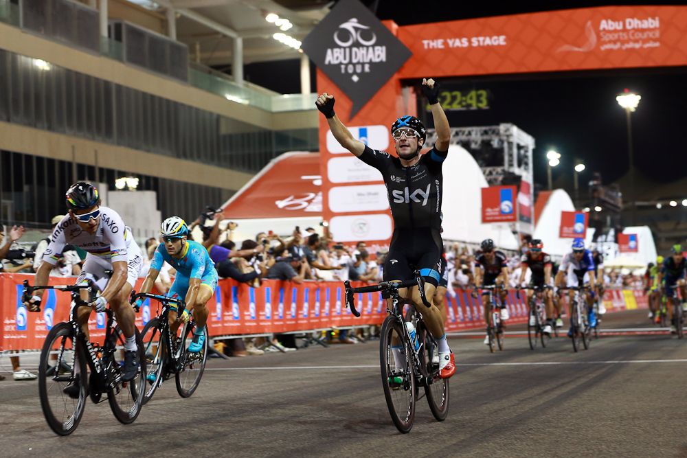 Elia Viviani (Team Sky) wins stage 4 in Abu Dhabi.