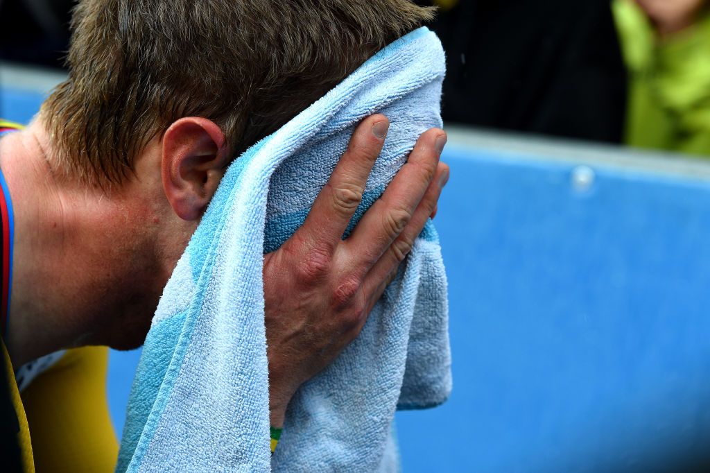 VILLARSSUROLLON SWITZERLAND MAY 01 Rohan Dennis of Australia and Team Jumbo Visma Turquoise Leader Jersey disappointed after the 75th Tour De Romandie 2022 Stage 5 a 1584km Individual Time Trial stage from Aigle to VillarssurOllon 1256m ITT TDR2022 on May 01 2022 in VillarssurOllon Switzerland Photo by Dario BelingheriGetty Images