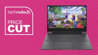 HP Victus 15 gaming laptop on pink background with TechRadar price cut sign