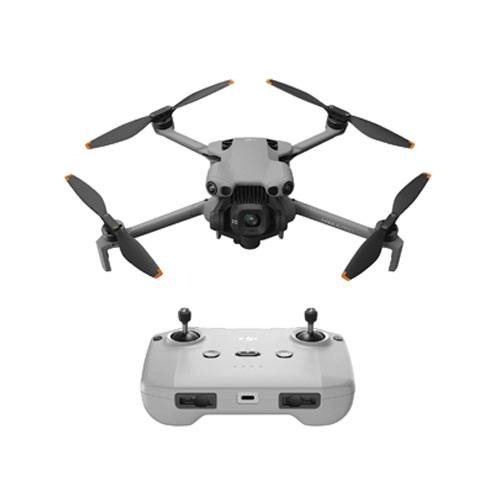 A gray quadcopter with a camera at its front is placed above a gray remote controller on a white background.