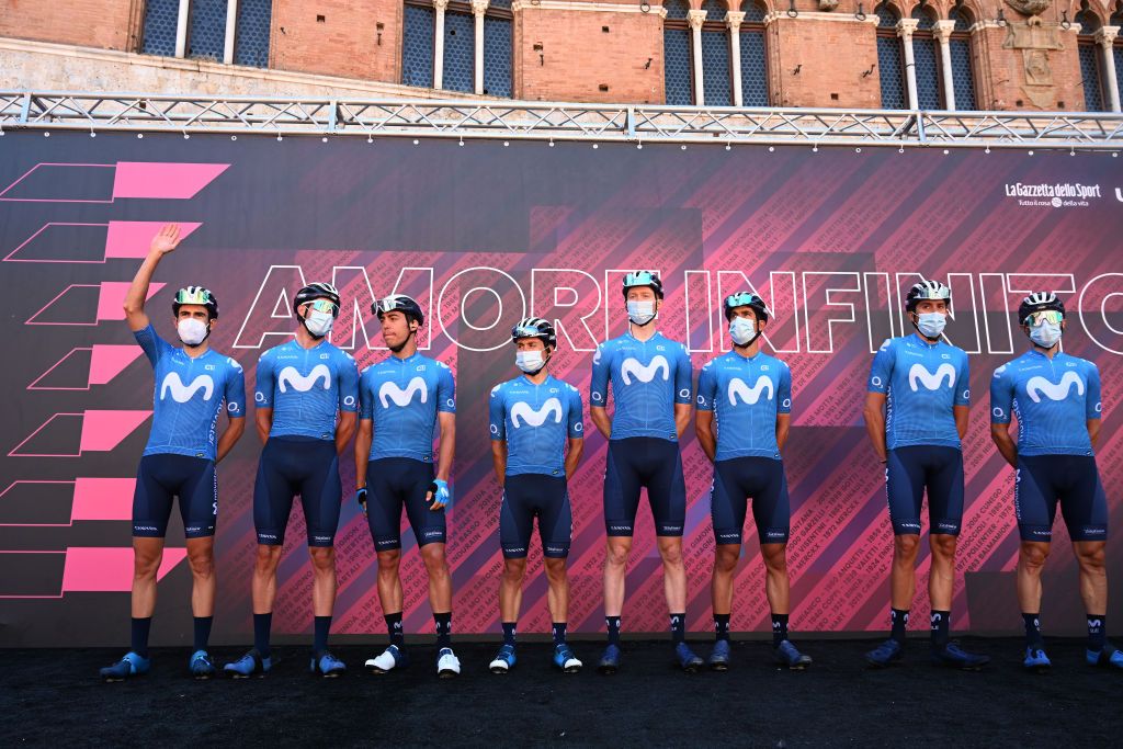 BAGNO DI ROMAGNA ITALY MAY 20 Marc Soler Gimenez of Spain Dario Cataldo of Italy Matteo Jorgenson of United States Nelson Filipe Santos Simoes Oliveira of Portugal Antonio Pedrero Lopez of Spain Einer Augusto Rubio Reyes of Colombia Albert Torres Barcelo of Spain Davide Villella of Italy and Movistar Team at start in Piazza del Campo during the 104th Giro dItalia 2021 Stage 13 a 212km stage from Siena to Bagno di Romagna Team Presentation girodiitalia Giro UCIworldtour on May 20 2021 in Bagno di Romagna Italy Photo by Stuart FranklinGetty Images