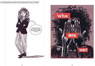 Left: Sketch of a woman with a black jacket and white, striped trousers with a speech bubble. Right: Sketch of a woman covering her face and the words "Who are we?"