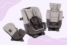 A trio of images of the Graco Slimfit Combination car seat in a variety of different positions for children of different ages, on a purple background