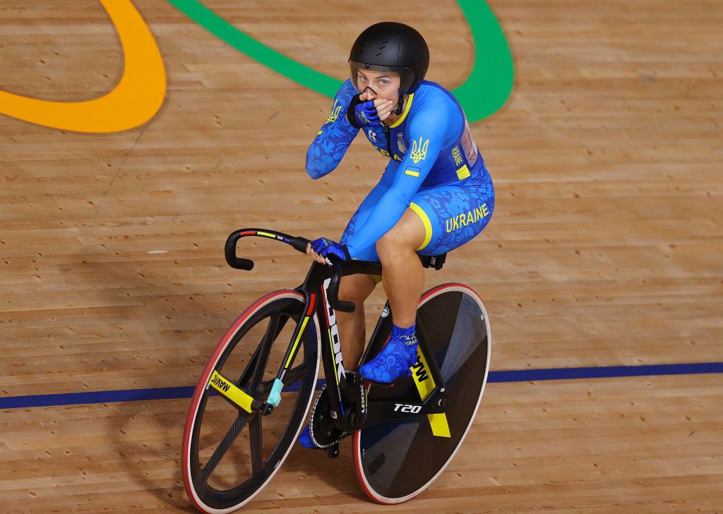 IZU JAPAN AUGUST 07 Olena Starikova of Team Ukraine celebrates winning during the Womens sprint quarterfinals race 1 heat 1 of the track cycling on day filthen of the Tokyo 2020 Olympic Games at Izu Velodrome on August 07 2021 in Izu Shizuoka Japan Photo by Tim de WaeleGetty Images