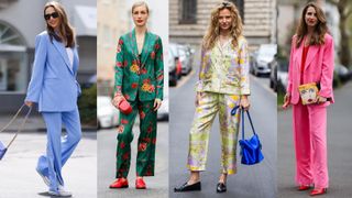 four women wearing bright trouser suits