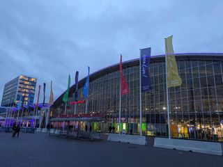 Front of Amsterdam RAI center with CIsco flags