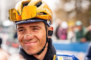 Soudal Quick-Step team's Belgian cyclist Remco Evenepoel is interviewed after competing in the fourth stage of the Tour of Romandie UCI cycling World tour, a 128,4 km from Sion to Thyon 2000, in Thyon, on May 3, 2025. (Photo by Maxime SCHMID / AFP)