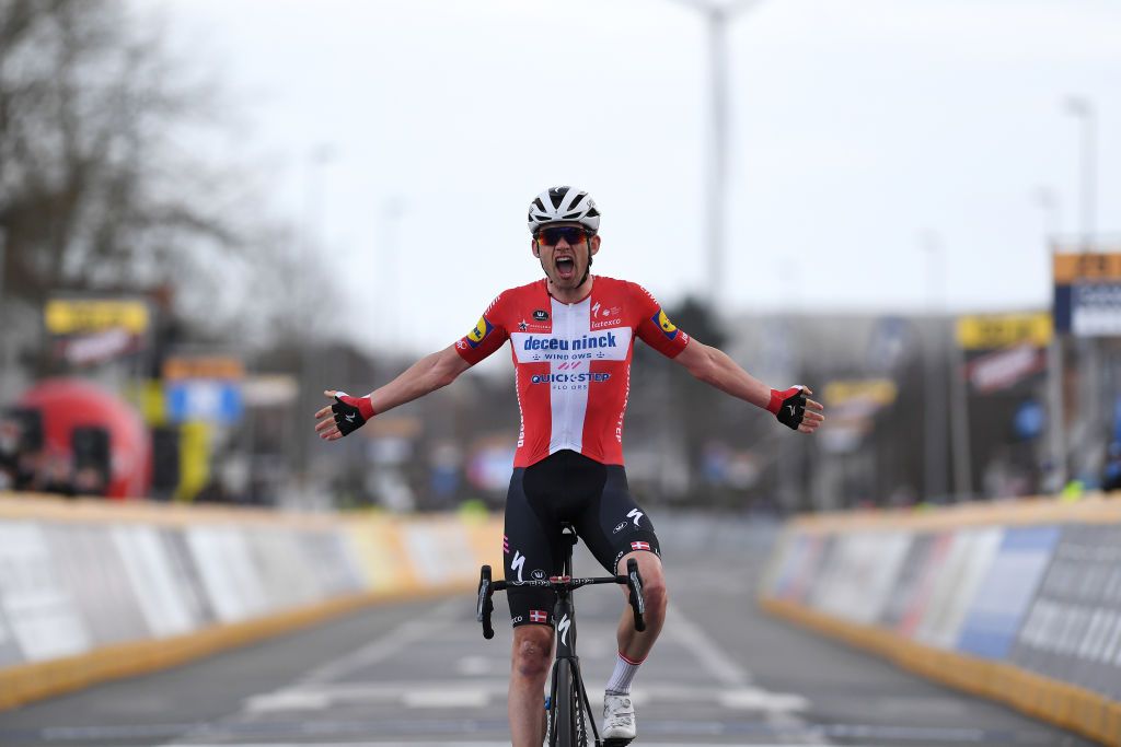 HARELBEKE BELGIUM MARCH 26 Arrival Kasper Asgreen of Denmark and Team Deceuninck QuickStep Celebration during the 64th E3 Saxo Bank Classic 2021 a 2039km race from Harelbeke to Harelbeke E3SaxobankClassic on March 26 2021 in Harelbeke Belgium Photo by Tim de WaeleGetty Images