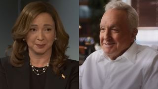 From left to right: Maya Rudolph as Kamala Harris on SNL and Lorne Michaels being interviewed in the documentary Lorne. 