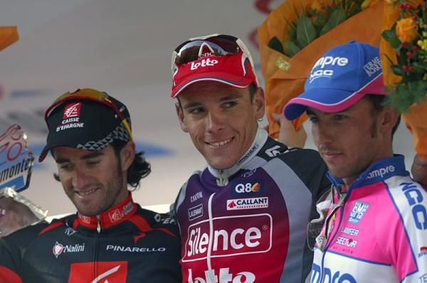 The Giro del Piemonte podium (l-r): Daniel Moreno (Caisse d'Epargne), 2nd; Philippe Gilbert (Silence-Lotto), 1st; Francesco Gavazzi (Lampre - N.G.C.), 3rd.
