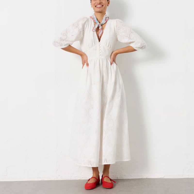 Flo White Regular Broderie Midi Dress on model