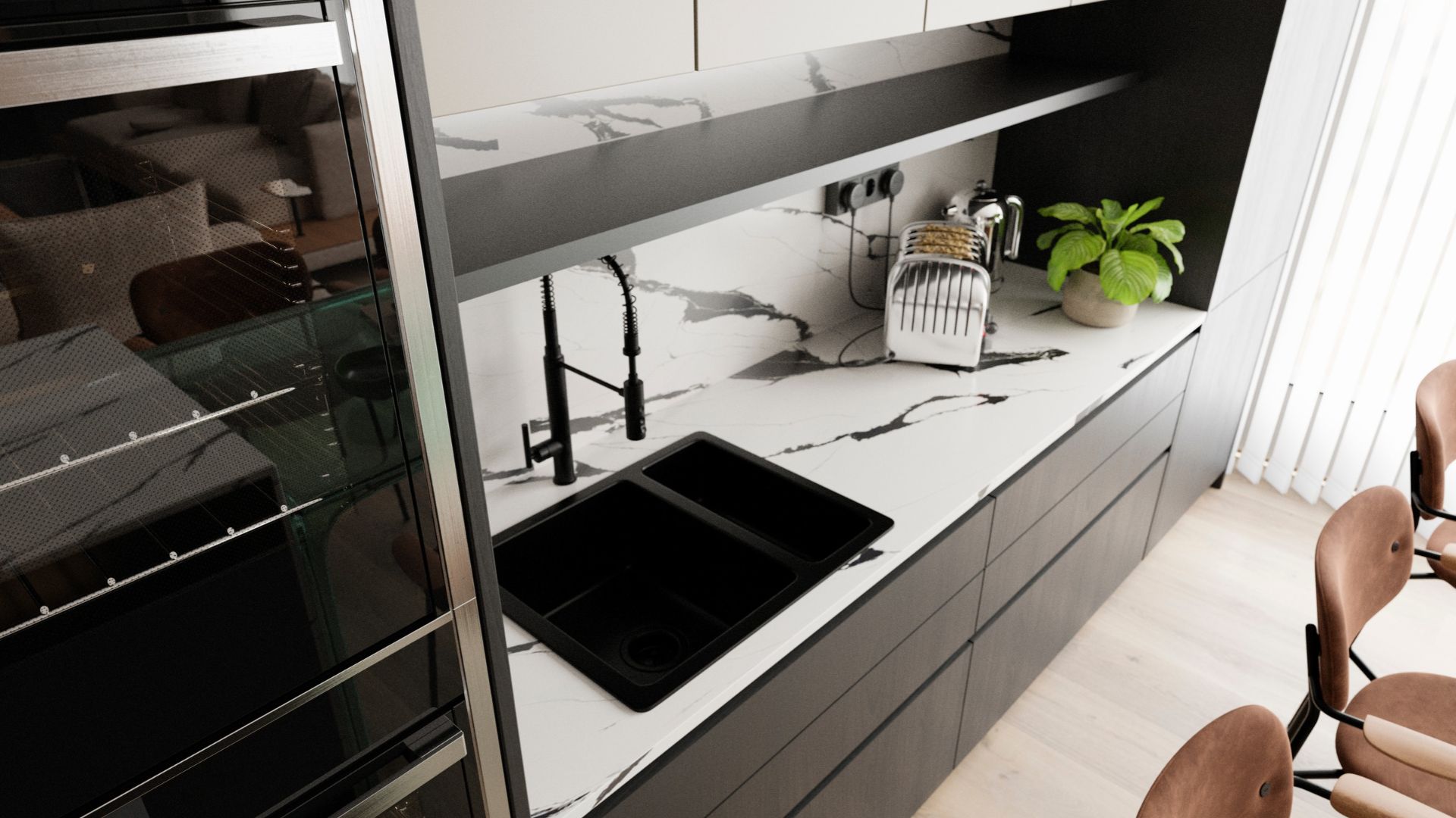 picture of modern kitchen with black cupboards and white marbled counter tops