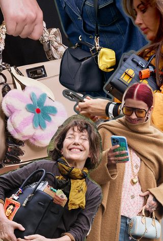 The bag charm trend in a collage showing Fendi's S/S 17 runway show, street style images, and Jane Birkin.