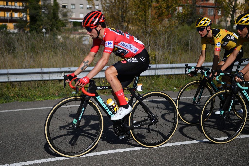 ALTO DE LA FARRAPONA LAGOS DE SOMIEDO SPAIN OCTOBER 31 Primoz Roglic of Slovenia and Team Jumbo Visma Red Leader Jersey during the 75th Tour of Spain 2020 Stage 11 a 170km stage from Villaviciosa to Alto de La Farrapona Lagos de Somiedo 1708m lavuelta LaVuelta20 La Vuelta on October 31 2020 in Alto de La Farrapona Lagos de Somiedo Spain Photo by Justin SetterfieldGetty Images