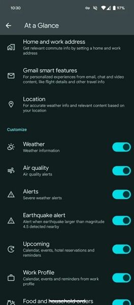 The start of Google's extensive 21 toggleable options for At a Glance.