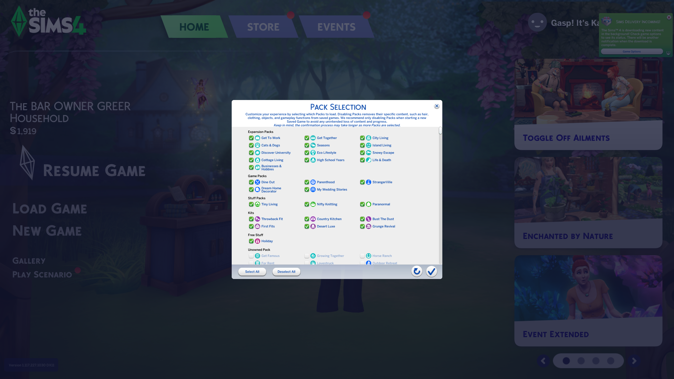 The new pack selection screen in The Sims 4.