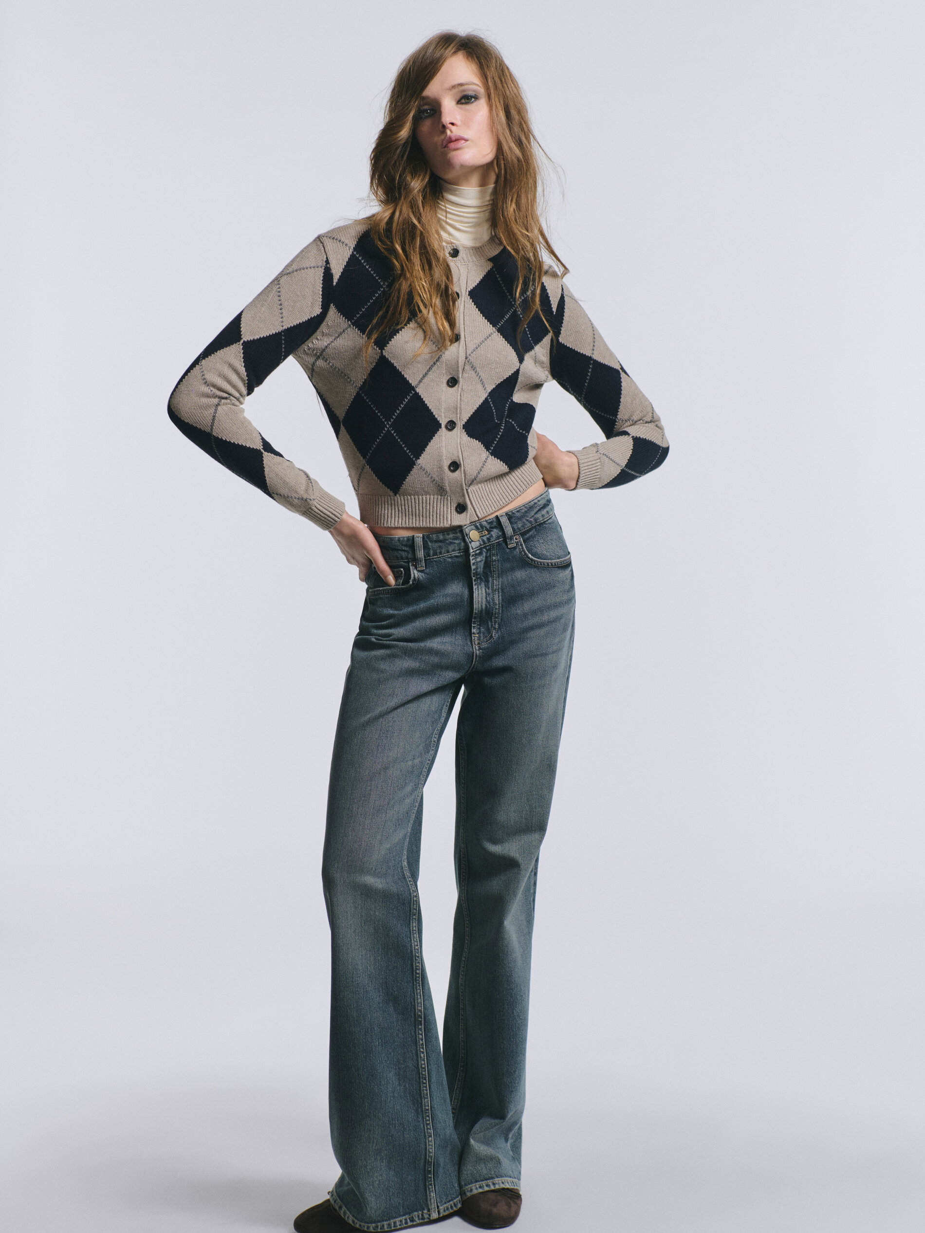 Cotton Blend Argyle Knit Cardigan