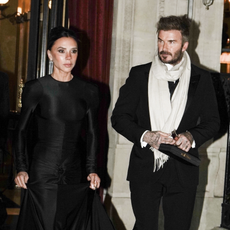 Victoria and David Beckham look elegant in matching black looks as they head to the Grand Gala at the Louvre Museum in Paris, France during Paris Fashion Week