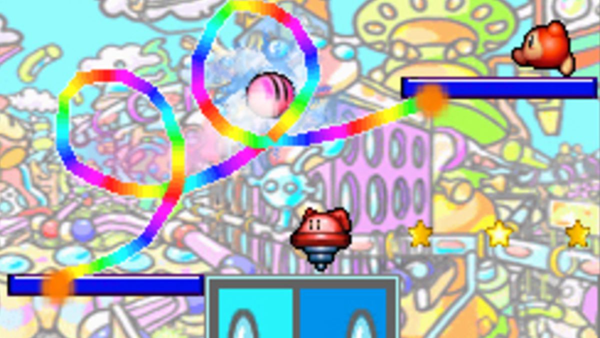 Kirby on a rainbow bridge during one of the best DS games, Kirby: Canvas Curse.