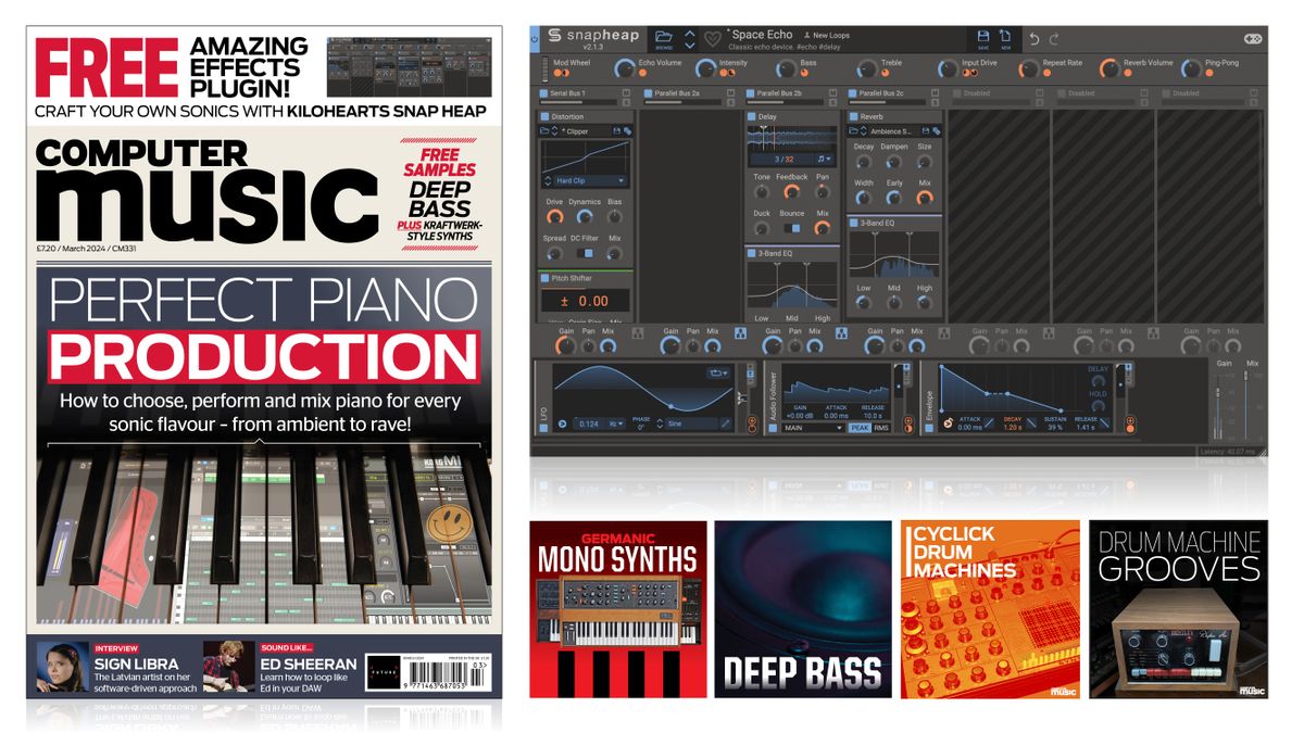 The front cover of Computer Music&#039;s March 2024 edition featuring an image of a keyboard alongside illustrations of this month&#039;s free sample packs