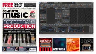 The front cover of Computer Music's March 2024 edition featuring an image of a keyboard alongside illustrations of this month's free sample packs